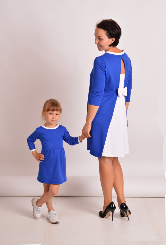 Детское платье "Бантик" ДП 520 Family look (васильковый+белый)